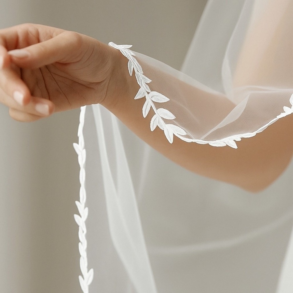 New Bright White Long Ivy Leaf Trim Bridal‎ Veil Wedding Lace Floral Floor 78 in